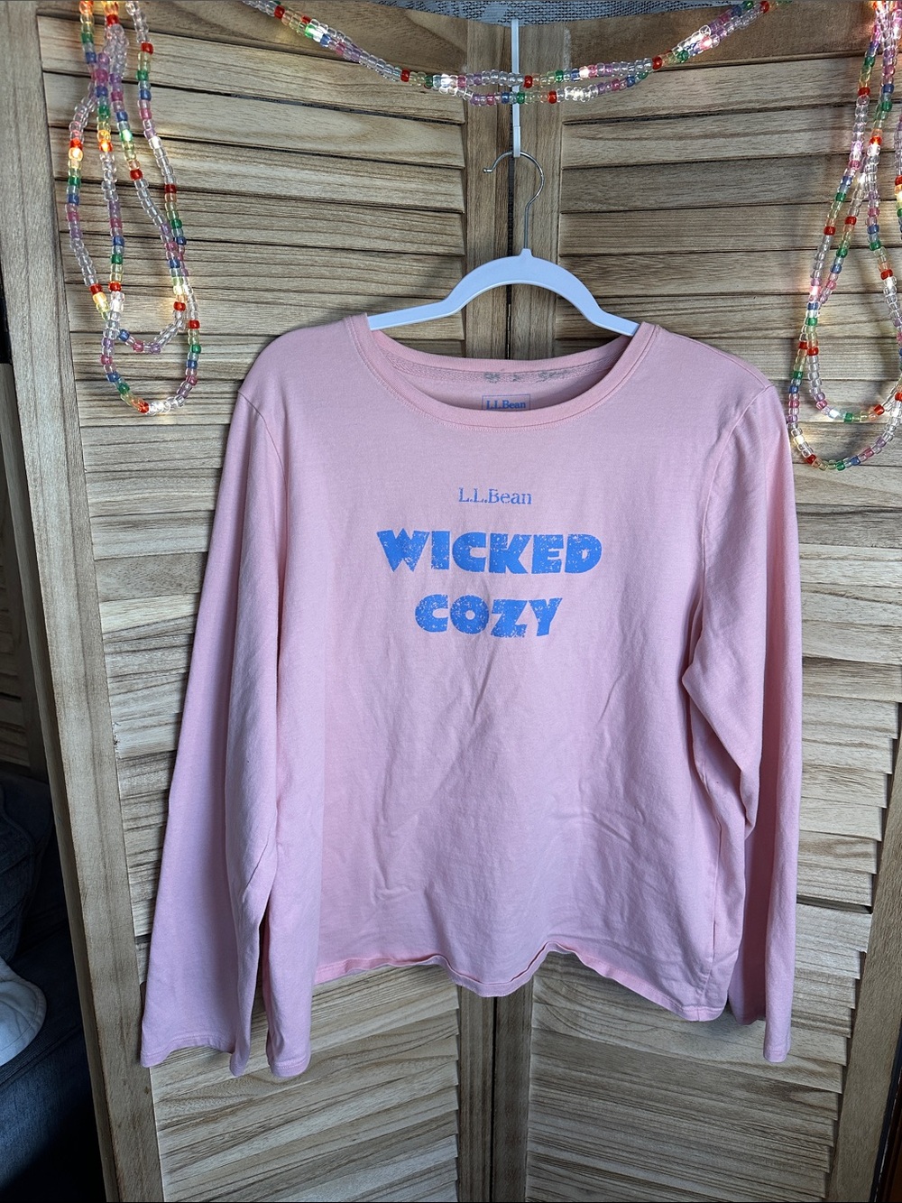 L.L. Bean Pink Long Sleeve Tee with Blue 'WICKED COZY' Graphic